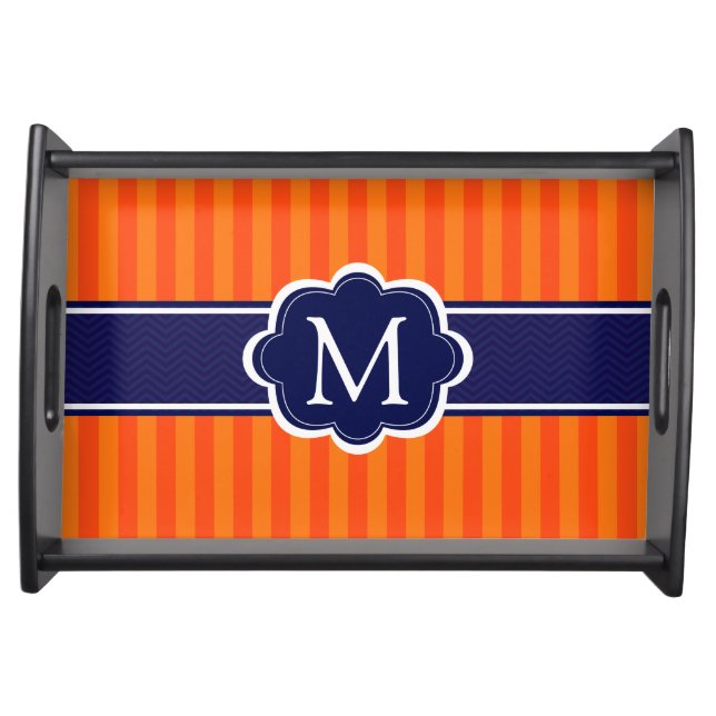 Orange Stripes Navy Blue Custom Monogram Initial Serving Tray (Front)