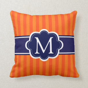 Orange Stripes Navy Blue Custom Monogram Initial Throw Pillow