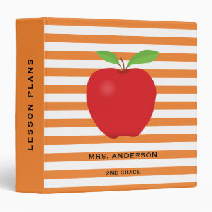 Orange Stripes Red Apple Personalized Teacher 3 Ring Binder