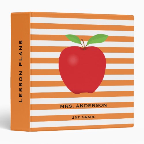 Orange Stripes Red Apple Personalized Teacher 3 Ring Binder - This teacher binder features a geometric orange and white horizontal stripe pattern with a digital illustration of a red apple.