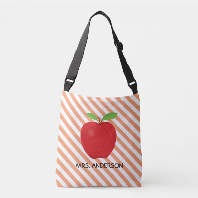 Orange Stripes, Red Apple Personalized Teacher Crossbody Bag (Front)