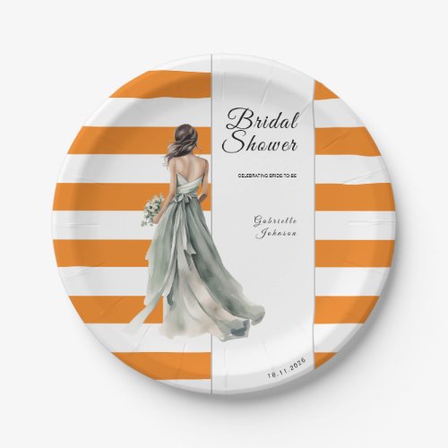 Orange Stripes Watercolor Vibrant Bridal Shower Paper Plates