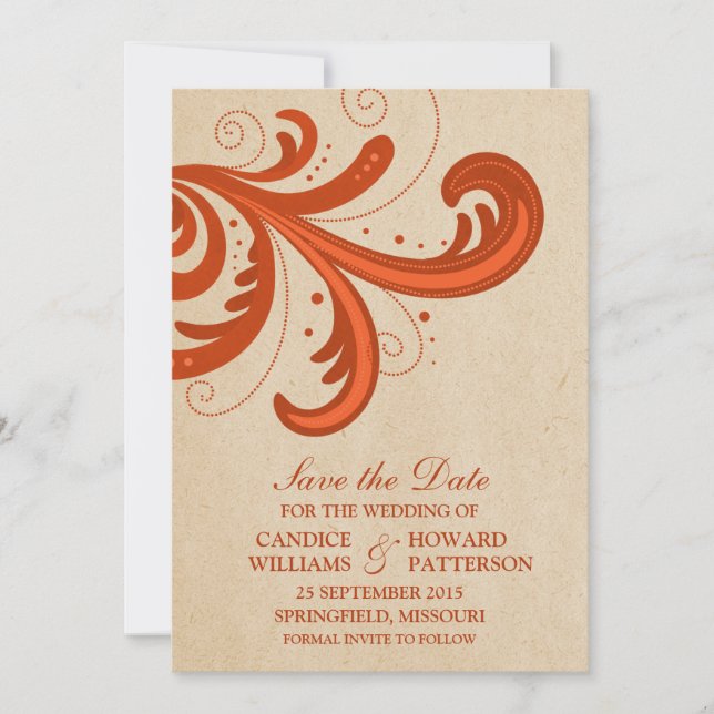 Orange Stylish Swirls Save the Date Invite (Front)
