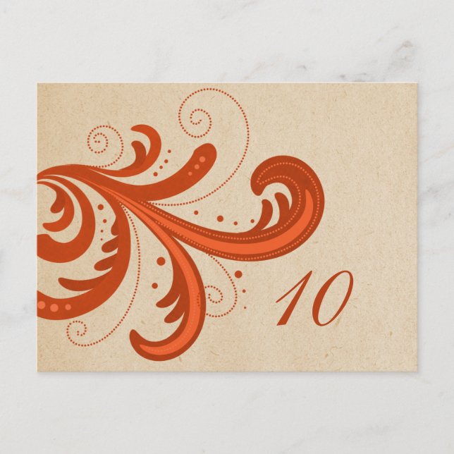 Orange Stylish Swirls Table Number Postcard (Front)