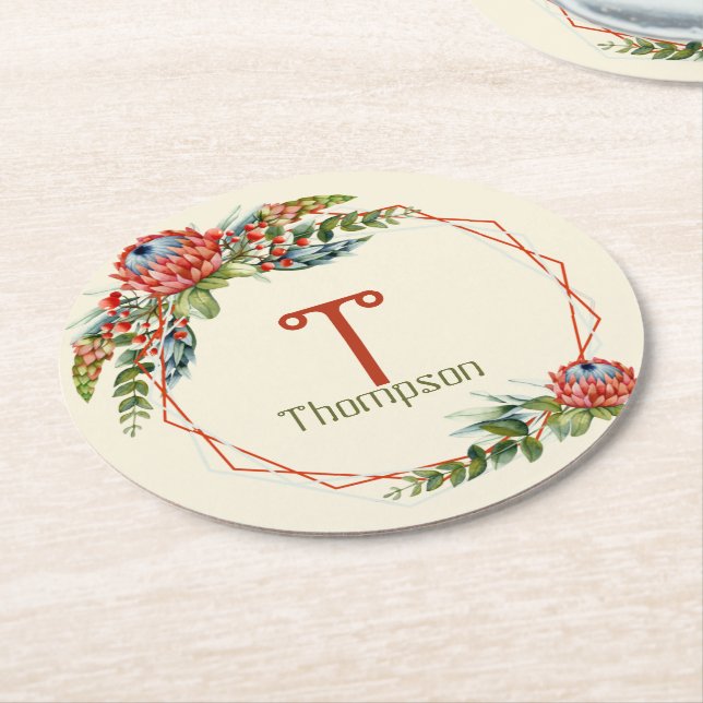 Orange Succulent Floral  Round Paper Coaster (Angled)