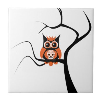 Orange Sugar Skull Owl In Tree Tile by CuteLittleTreasures at Zazzle