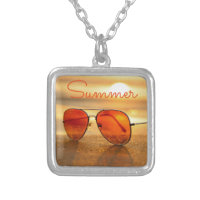 Orange Summer Beach Holiday Sunglasses Silver Plated Necklace