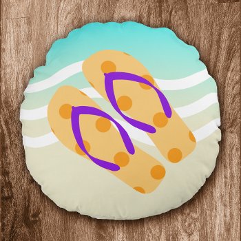 Orange Summer Beach Waves Flip Flops Decorative Round Pillow by machomedesigns at Zazzle