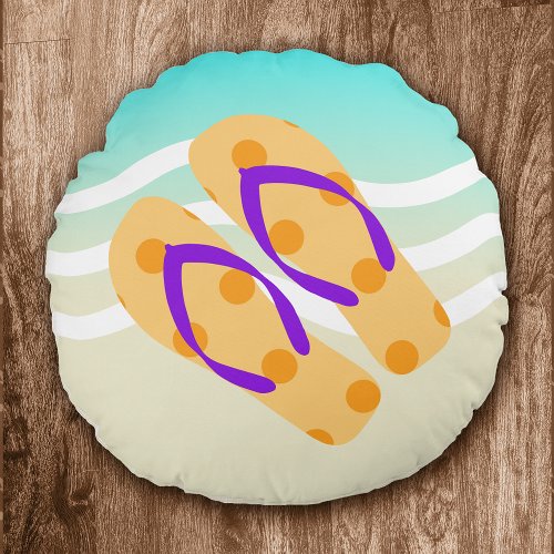 Orange Summer Beach Waves Flip Flops Decorative Round Pillow