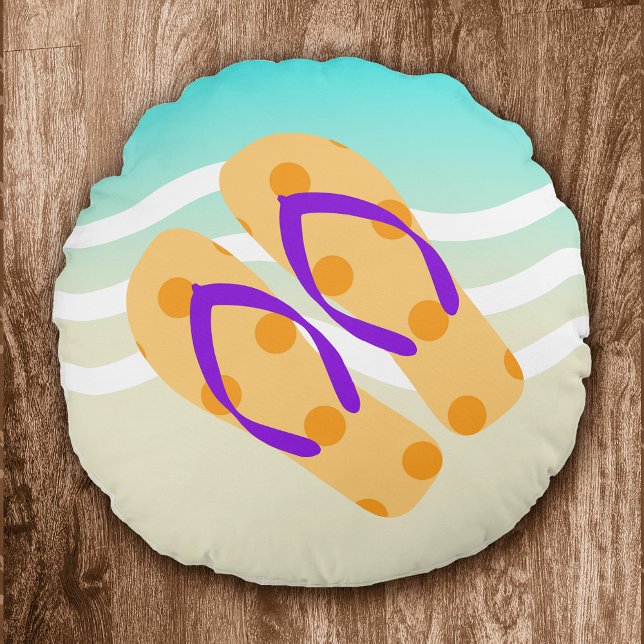Orange Summer Beach Waves Flip Flops Decorative Round Pillow (Creator Uploaded)