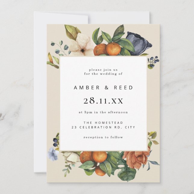 Orange Summer Floral Botanical Boho Wedding  Invitation (Front)