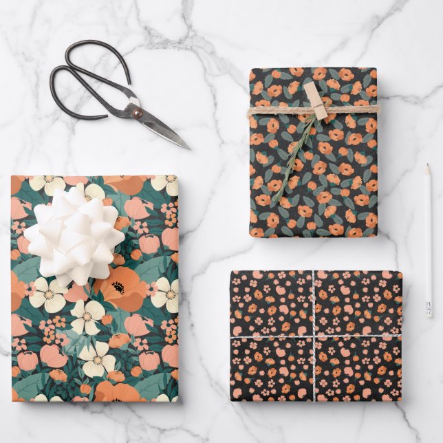 Orange Summer Floral Wrapping Paper Sheets (Front)