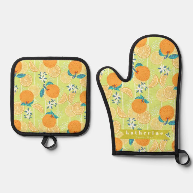 Orange Summer Green Oven Mitt & Pot Holder Set (Front)