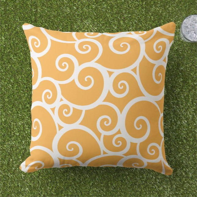 Orange Summer Swirl Pattern Outdoor Pillow (Grass)
