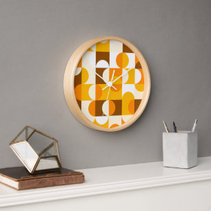 Orange Summer Yellow Dark Brown Retro Art Pattern Clock