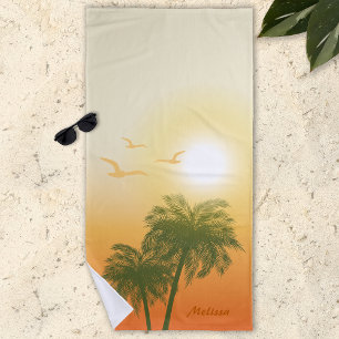 Orange Sun And Green Palm Trees Tropical Summer Beach Towel