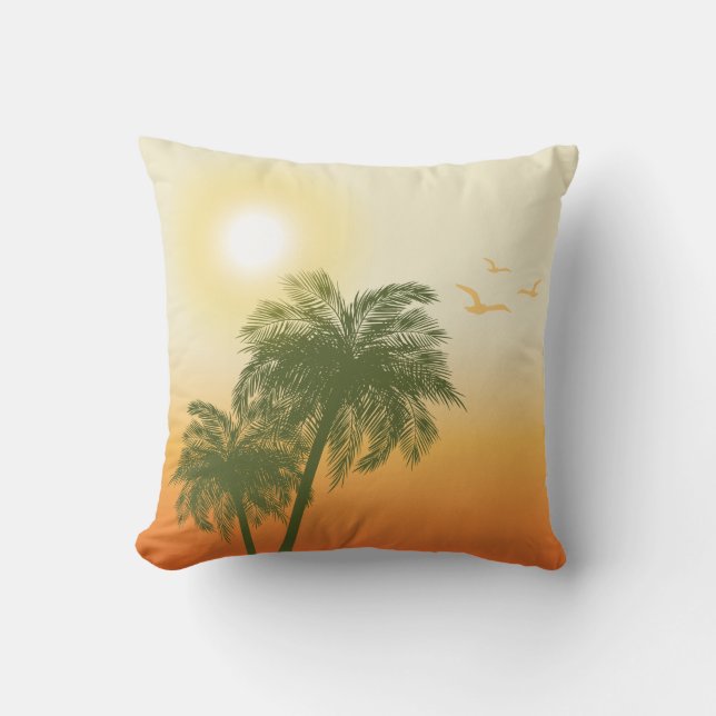 Orange Sun And Green Palm Trees Tropical Summer Throw Pillow (Front)