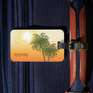Orange Sun And Green Tropical Palm Trees With Text Luggage Tag