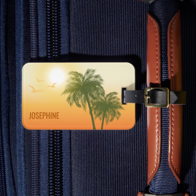 Orange Sun And Green Tropical Palm Trees With Text Luggage Tag (Front Insitu 4)