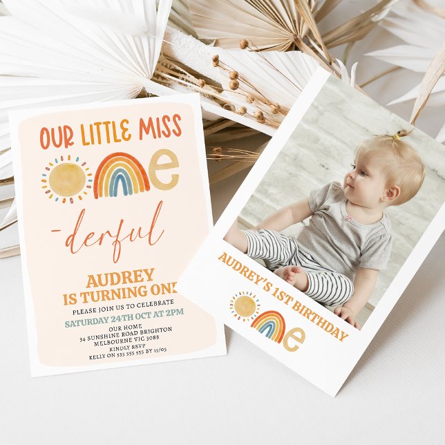 Orange Sun Rainbow Miss Onederful 1st Birthday Invitation (Our Little Miss Onederful 1st Birthday Invitation Template, Modern Miss Onederful 1st Birthday )
