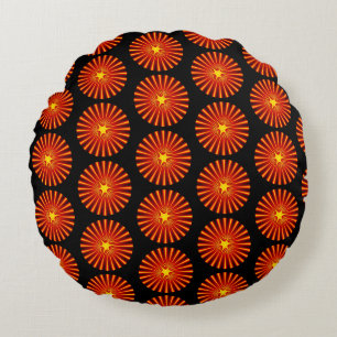 Orange Sunburst Fractal Art Beach House Pattern Round Pillow