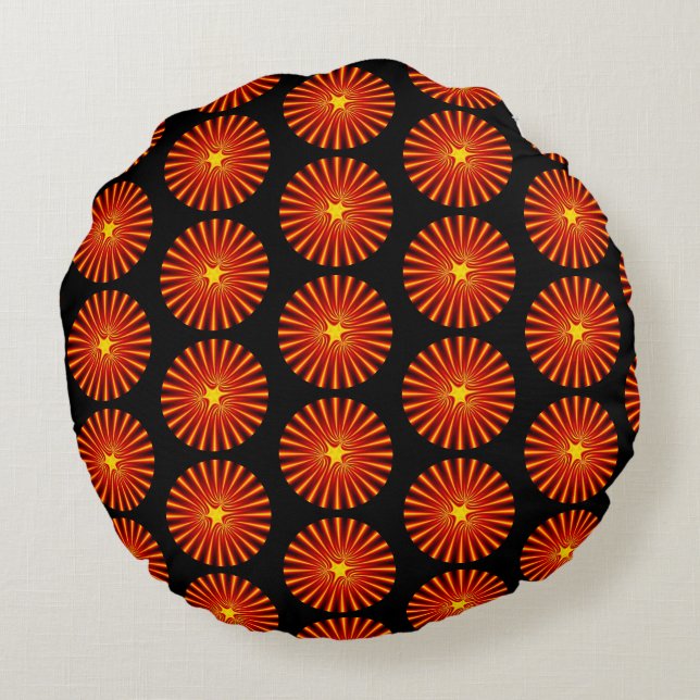 Orange Sunburst Fractal Art Beach House Pattern Round Pillow (Back)