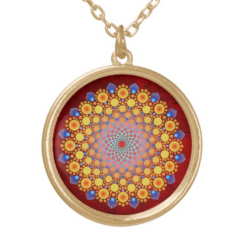 Orange Sunflower Mandala Gold Plated Necklace