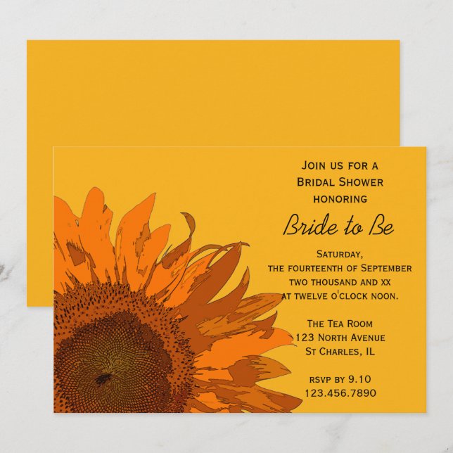 Orange Sunflower on Yellow Bridal Shower Invitation (Front/Back)