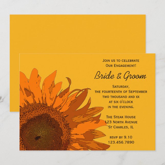 Orange Sunflower on Yellow Engagement Party Invitation (Front/Back)