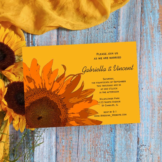 Orange Sunflower on Yellow Wedding Invitation (Invite guests to your summer or fall marriage with the Orange Sunflower Wedding Invitation.)