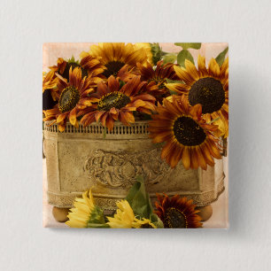 Orange Sunflowers In Tin Basket Button