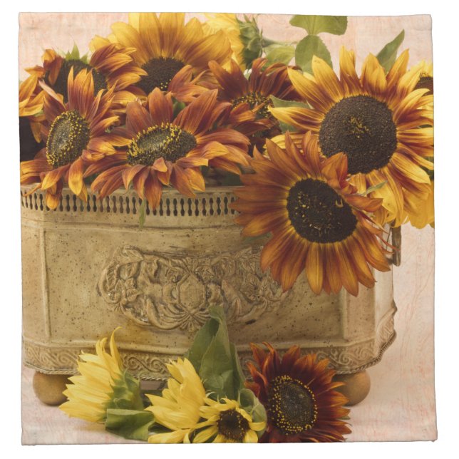 Orange Sunflowers In Tin Basket Cloth Napkin (Front)