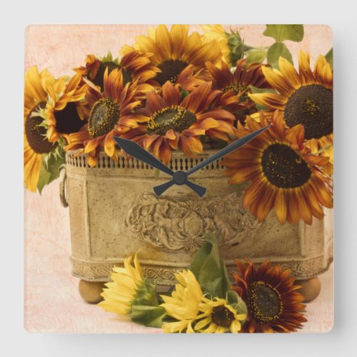 Orange Sunflowers In Tin Basket Square Wall Clock