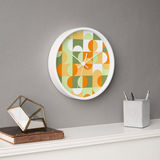 Orange Sunny Yellow Dark Green Retro Art Pattern Clock (Office)