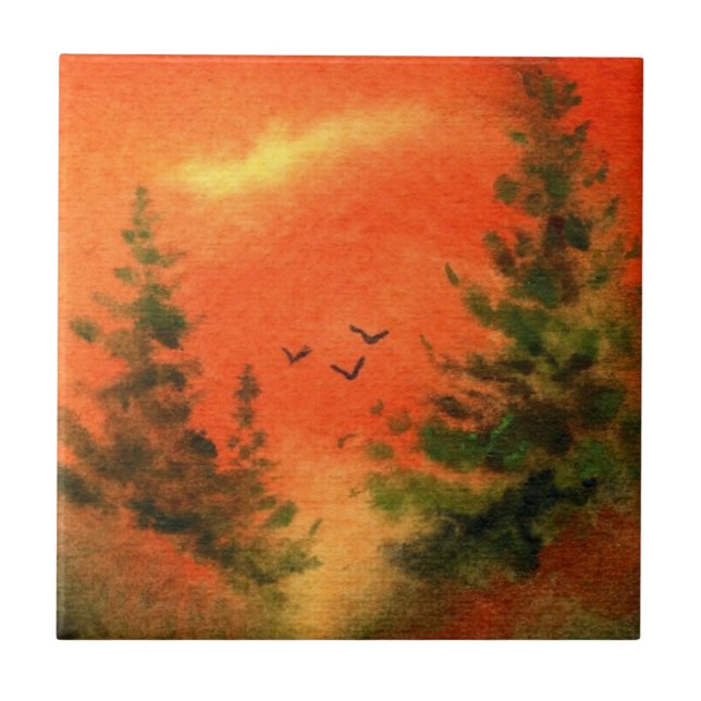 Orange sunrise pines with flying crows ceramic tile (Front)