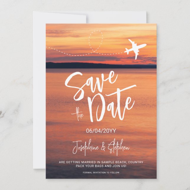 Orange Sunset Airplane Shape Destination Wedding Save The Date (Front)