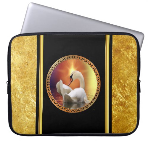 Orange sunset behind a White Swan with gold foil Laptop Sleeve