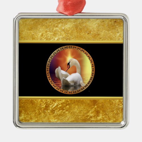 Orange sunset behind a White Swan with gold foil Metal Ornament