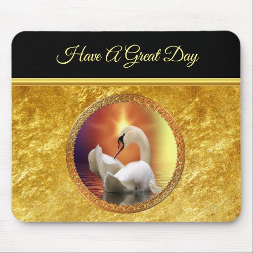 Orange sunset behind a White Swan with gold foil Mouse Pad