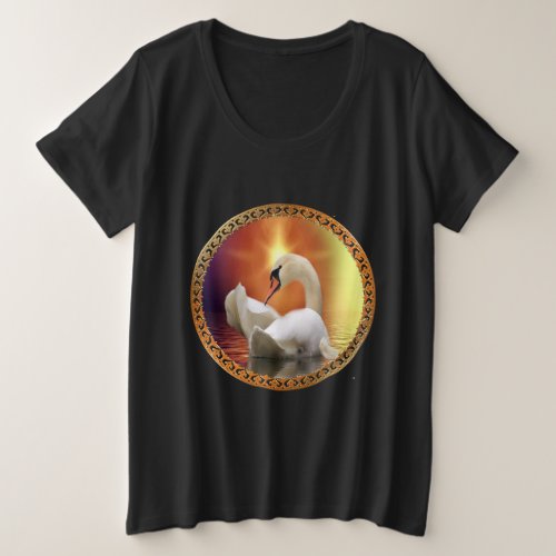 Orange sunset behind a White Swan with gold foil Plus Size T_Shirt