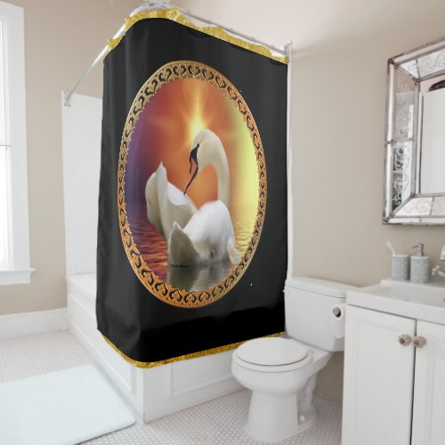 Orange sunset behind a White Swan with gold foil Shower Curtain