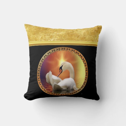 Orange sunset behind a White Swan with gold foil Throw Pillow