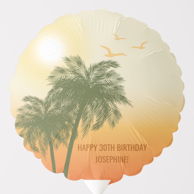 Orange Sunset Green Palm Trees Tropical Birthday Balloon (Front)