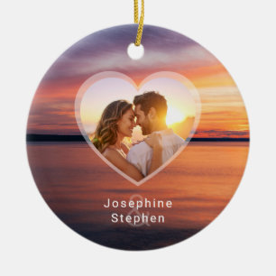 Orange Sunset Heart Couple Photo And Names Ceramic Ornament