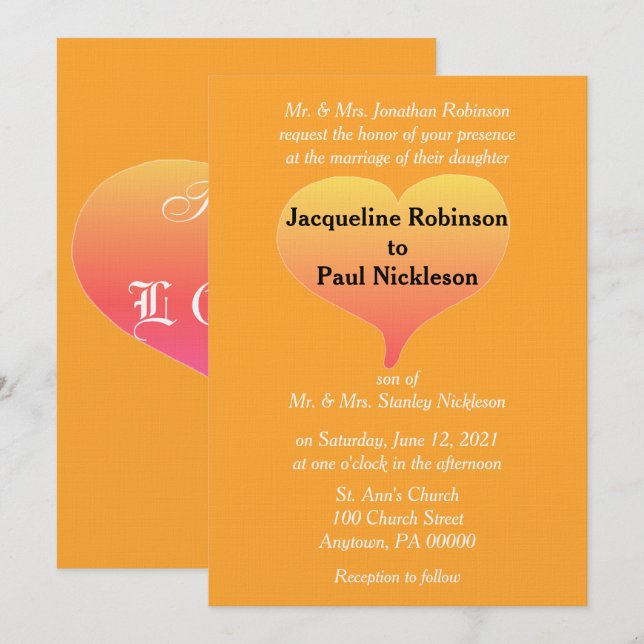 Orange Sunset Heart Wedding  Invitation (Front/Back)