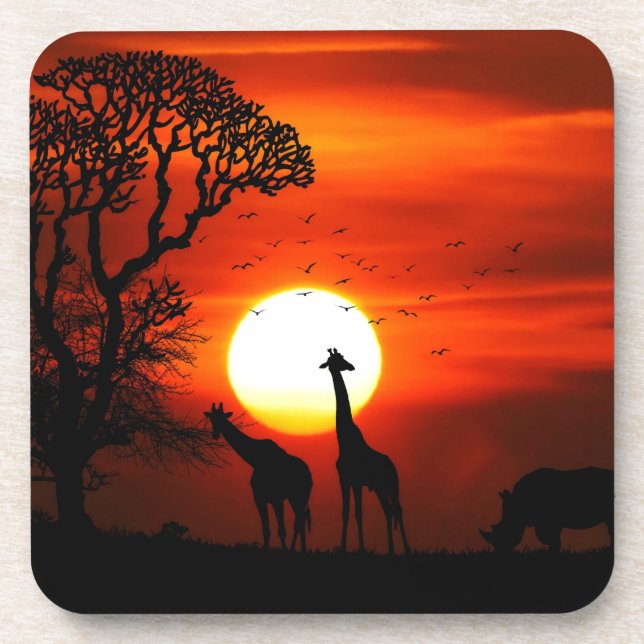 Orange Sunset in Africa w Giraffe Silhouette Beverage Coaster (Front)