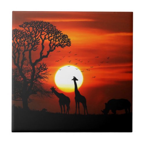 Orange Sunset in Africa w Giraffe Silhouette Ceramic Tile