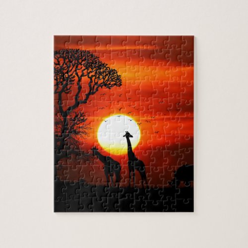 Orange Sunset in Africa w Giraffe Silhouette Jigsaw Puzzle