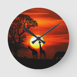Orange Sunset in Africa w Giraffe Silhouette Round Clock