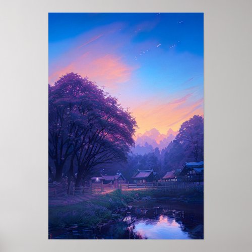 Orange Sunset in Japanese Countryside  Poster